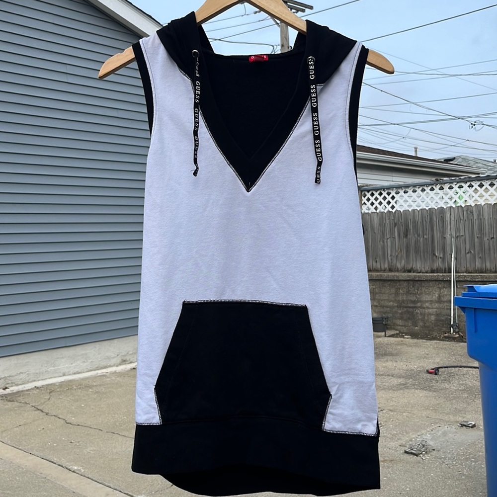 GUESS black and white drawstring hooded muscle tee